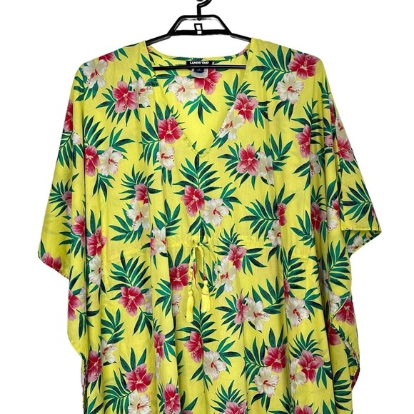 LANDS’ END Tropical Floral Maxi Kaftan Swim Coverup Sz XL Yellow V Neck Cotton - Picture 4 of 9